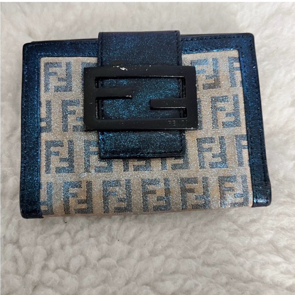 **Price Drop**Fendi Shimmer Blue & Cream Monogram Vintage Wallet